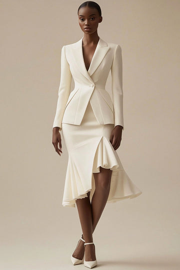 Ivoire 2 pièces à revers en pointe Robe de travail midi avec volants